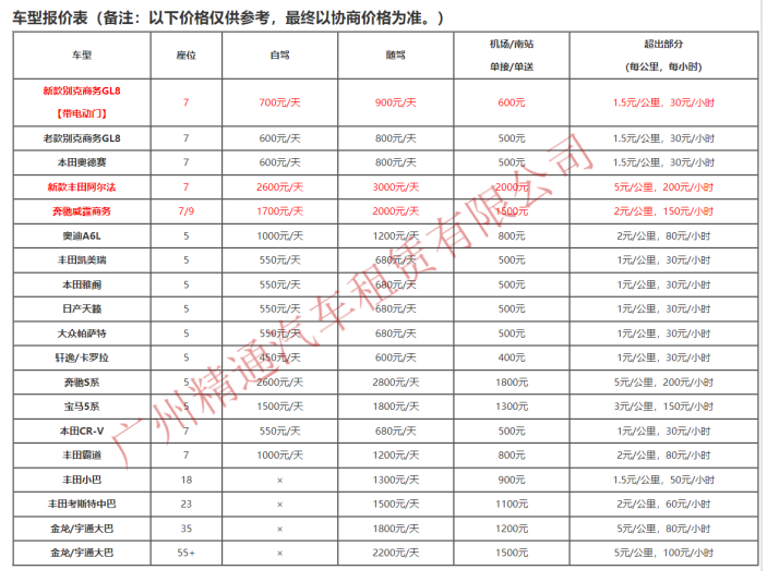 廣州租車價(jià)格一覽表